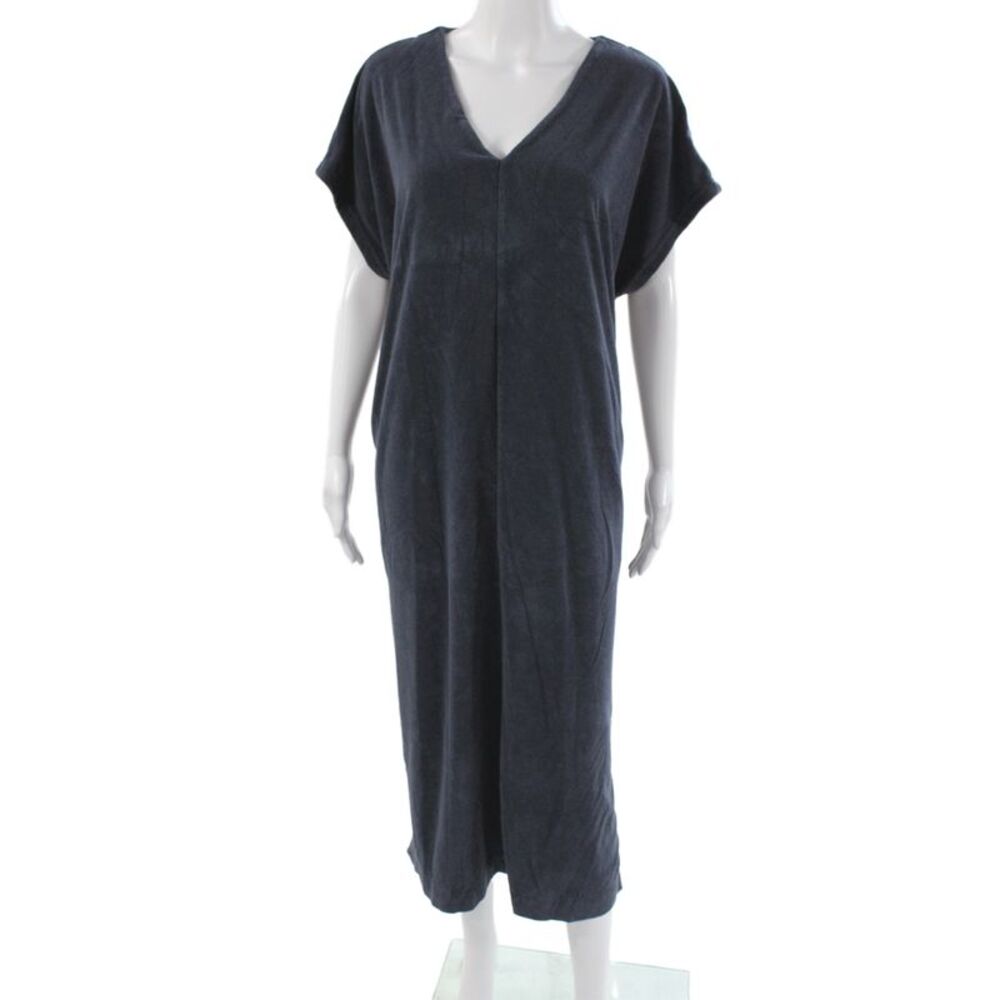 Barefoot Dreams Womens Blue V-Neck Short Sleeve Shift Dress Full-Length Size M